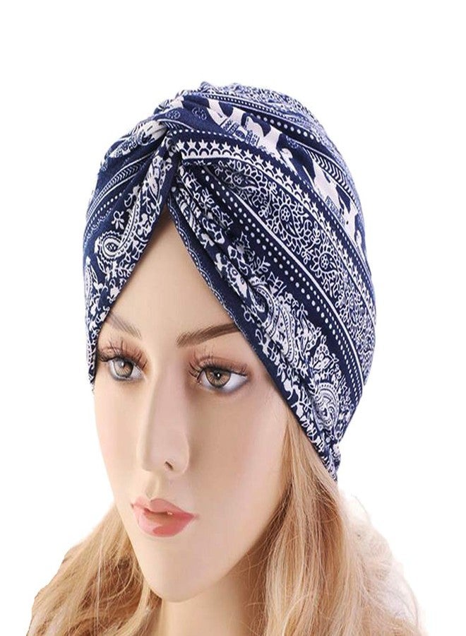 DECOU Elephant Printed Twist Pleated Hair Wrap Stretch Turban E234 (Navy) - Image 4